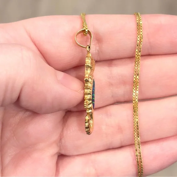 14K Opal Seahorse Pendant, Green Blue Lab Inlay Nautical Aquatic Luxury Piece - Picture 10 of 13